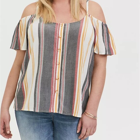 ⬇️ PRICE DROP 🆕 STRIPE  BUTTON FRONT COLD SHOULDER - Picture 2 of 5